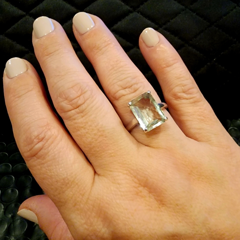 Emerald Cushion Cut Prasiolite Sterling Silver Solitaire Ring